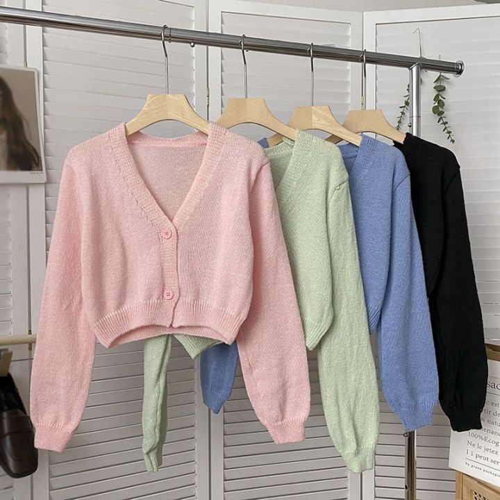 Y2k Women Cardigan Sweater Knitted Cropped Korean Short Long sleeve Crop Top V neck Fashion Clothe