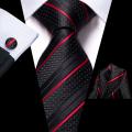 【100%-New】 Hi-Tie Striped Black Red Mens Fashion Necktie Handkerchief Cufflinks for Tuxedo Accessory Classic Silk Luxury Tie for Man Gift. 