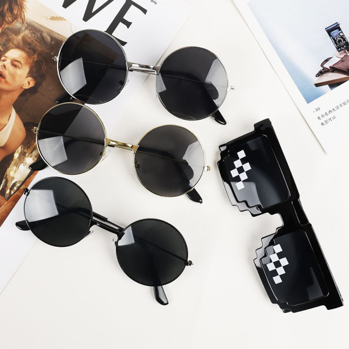 Women Men Retro Round Sunglasses Black lens Thin Frame Sun