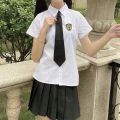 【Three-Piece Suit】Two-Piece Preppy Style Pleated Skirt Suit Female Summer Loose Shirt Female Student Korean Style Uniform. 