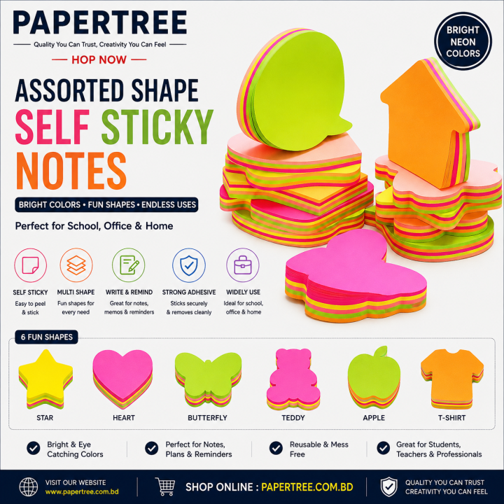 Assorted Shape Self Sticky Notes Star Heart Butterfly Teddy Apple T-Shirt Memo Notes for School & Office