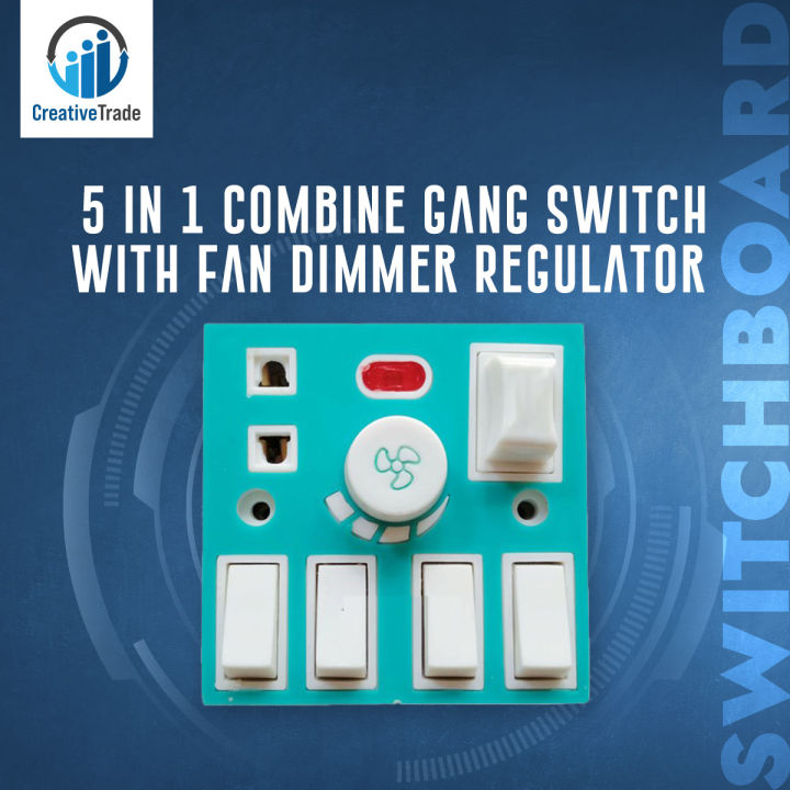 5 In 1 AC 250V 6A Combine 4 Pcs Gang Switch With Fan Dimmer Regulator 2 Pin Socket LED Indicator and Fuse Multicolor Combine Wall Gang - Blue Color