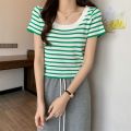French Style Big u Collar Black and White Striped Shoulder Square Collar Short Sleeve T T-shirt Women's Summer Design Sense Niche Short Clavicle Top. 