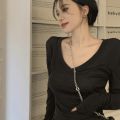Pure Desire Style ShoulderVCollar Long SleeveTT-shirt Women's Spring and Autumn Thin Hot Girl Slim Fit Slimming Basic Black Primer Top.