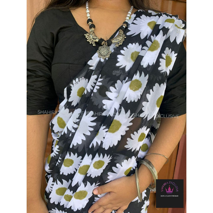 Luxury Fashion with Trendy Collection - Black & White Colour Soft Georgette Saree for Women - Party Wear Sari - Ethnic Attire