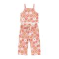 Kids Girl Tanks Tops + Pants, Floral Print Elastic Waist Drawstring Pocket Decoration Summer Clothing. 