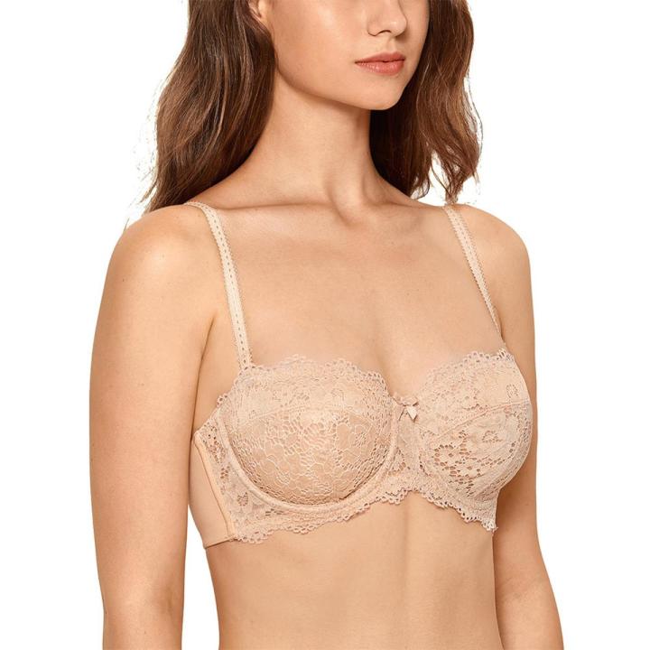 DOBREVA Women's Lace Strapless Bra Plus Size Underwire Unlined Multiway Balconette Bras