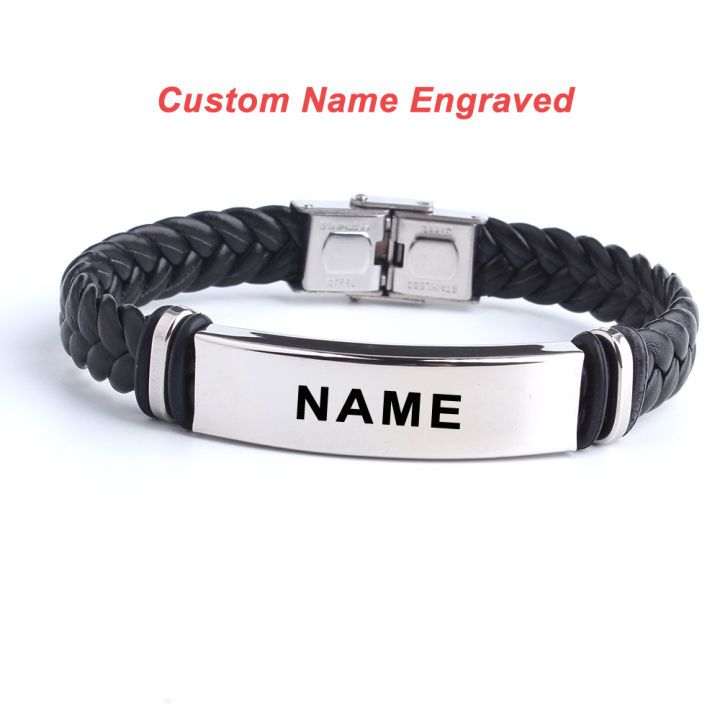 Alien Punk SOS Custom logo Name Engrave Text Leather Bangle Bracelet customize Stainless Steel Bracelets For Women Men ID Bracelet
