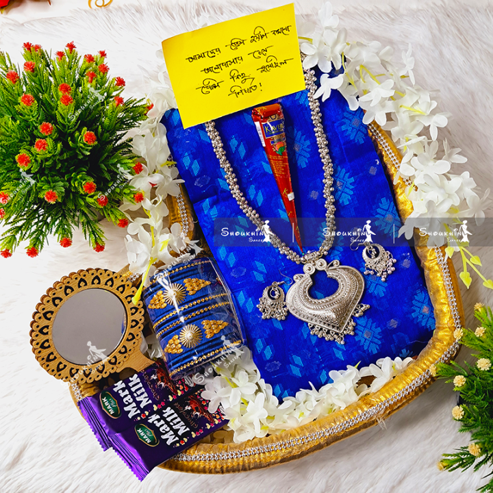 Nil Jamdani Saree Combo Set for Women - Saree Churi Necklace Gazra Chocolate Mehedi Chirkut Mirror Etc