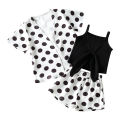 (New) girls shorts suit dot print short sleeve cardigan jacket sleepveless camisole high waist stretch breech. 