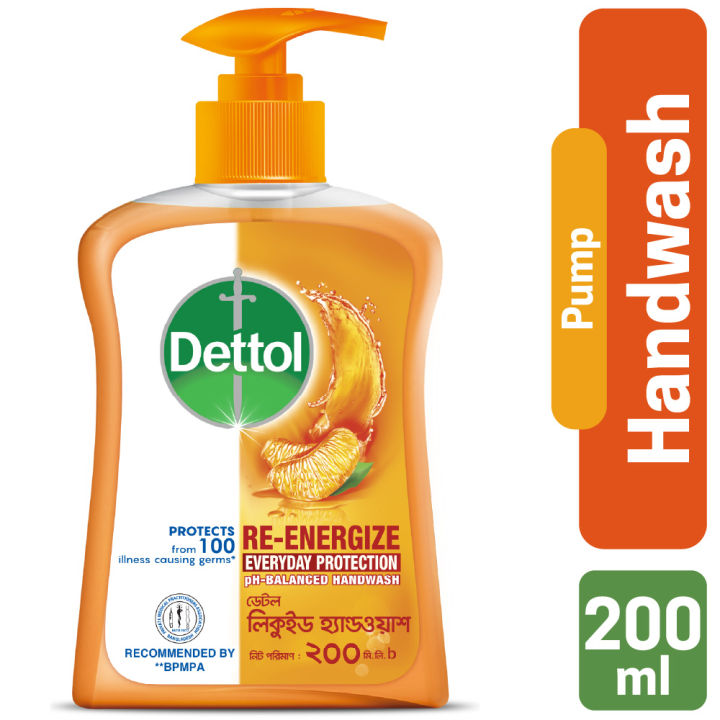 Dettol Handwash Re-Energize 200ml Pump, pH-Balanced Liquid Soap