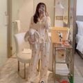 Spring and autumn new pajamas women's cardigans long sleeves trousers Korean girls simple cartoon loungewear sets. 