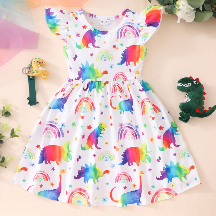 GC%20Baby%20Girls%20Summer%20Casual%20Skirt%20Toddler%20Fly%20Sleeve%20Cartoon%20Dinosaur%20Print%20Dress%20Round%20Neck%20A%20Line%20Dresses%20-%20Image%205