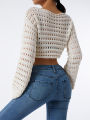 Jumperjuser-Women's Hollow Out Crop Tops, Long Sleeve Round Neck Solid Color Loose Knitted T-Shirts. 