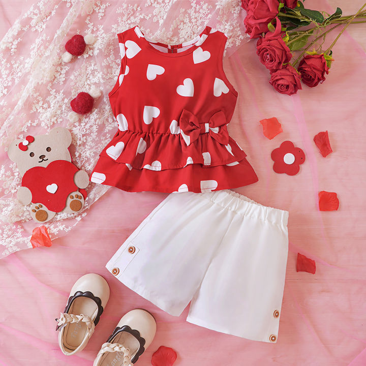 GC Girls Shorts Set Summer Children Heart Print Pattern Sleeveless Tank Tops Casual Shorts Outfits