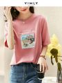 Vimly Summer T Shirt Loose Casual Tees Aesthetic Vintage 100% Cotton Pink O Neck Printing Short Sleeve Tops Women Clothes V6110.