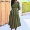 Women Elegant Sexy Off Shoulder Party Dress 2021 Summer Tie-Up A-Line Dress Office Lady Casual Short Sleeve Pocket Dress Vestido. 