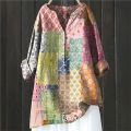 2024 Vintage Floral Art Print Linen Shirts Summer Women Casual Trendy V Neck Dressy Blouses Long Sleeve Button Tunic Long Tops.