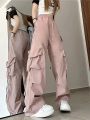 Women Y2K Korean Cargo Pants Hip Hop Loose Causal Wide Leg Pants Fashion High Waist Baggy Streetwear Multi Pockets Sweatpants.