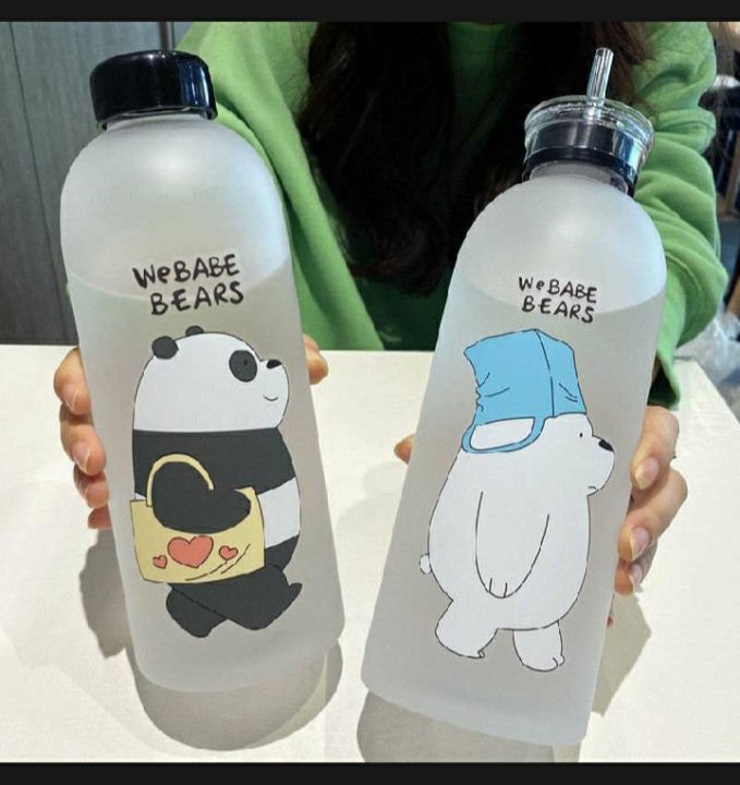 Panda Transparent Water Bottles With Straw Frosted Protein Shaker Kawaii Large Capacity Drinking Utensils 1L