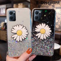 For OPPO Reno 7 Transparent Bling Glitter Cases Soft Clear Shining Sequin Case with Daisy Flowers Folding OPPO Reno7 Back Cover.