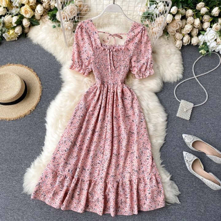 Boho%20slim%20vintage%20floral%20print%20Summer%20midi%20long%20Dress%20square%20collar%20chiffon%20dress%20Party%20Women%20elastic%20beach%20holiday%20tunic%20Dress%20-%20Image%205