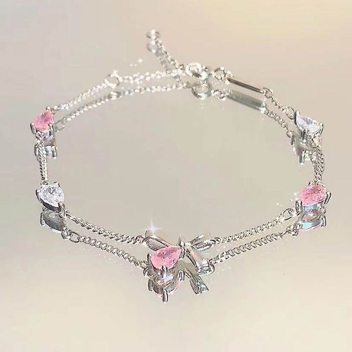 Fashion Cherry Blossom Bracelet For Women Girls Shiny Flower Bowknot Charm Bracelets Bangles Party Jewelry Accessories Gifts Qoddess