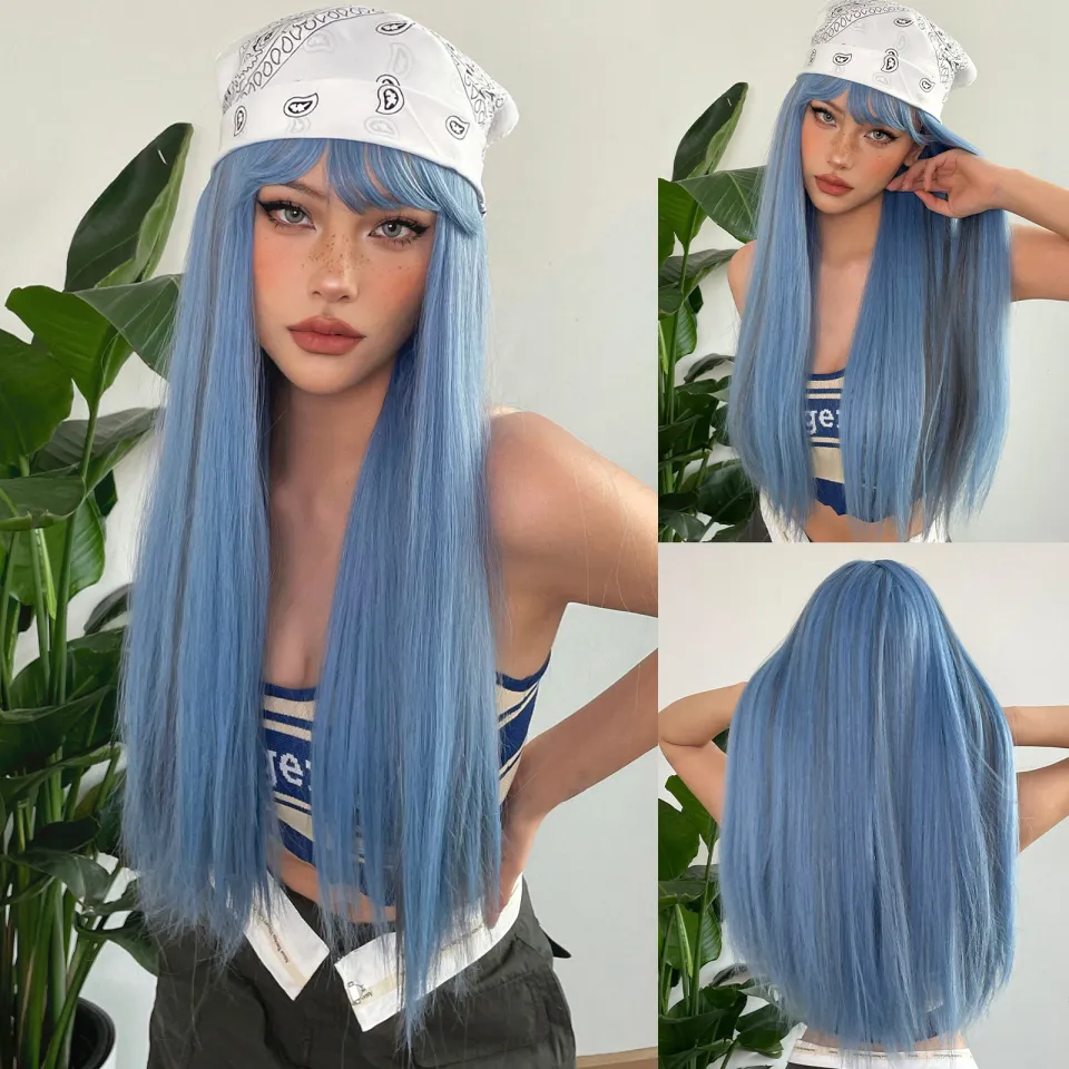 Long Synthetic Hair Wig Pink Blue Air Bangs Natural Heat Resistant