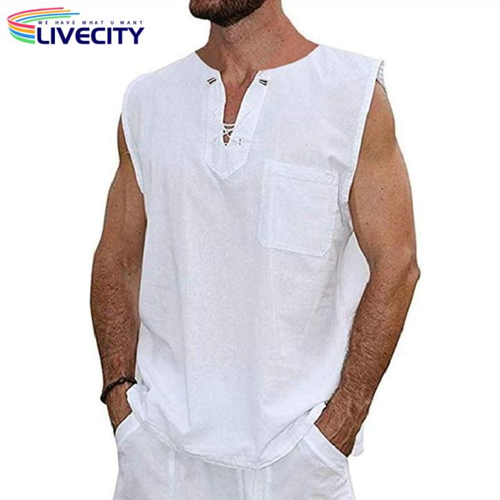 Sleeveless%20Tee%20Shirt%20Stylish%20Men's%20V-neck%20Le-up%20Ta%20Tops%20Sleeveless%20Solid%20Color%20Shirt%20with%20Patch%20cket%20Trendy%20Stwear%20-%20Image%203