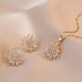 Luxury White Zircon Big Sunflower Stud Earrings and Pendants Stainless Steel Chains Necklaces For Women Bridal Jewelry Sets Gift.