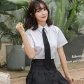 【Three-Piece Suit】Two-Piece Preppy Style Pleated Skirt Suit Female Summer Loose Shirt Female Student Korean Style Uniform. 