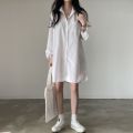 Korean Style chic Simple Elegant Lapel Shirt Dress for Women French Style Loose Casual Bandage Dress Inner Wear Shirt Dress. 