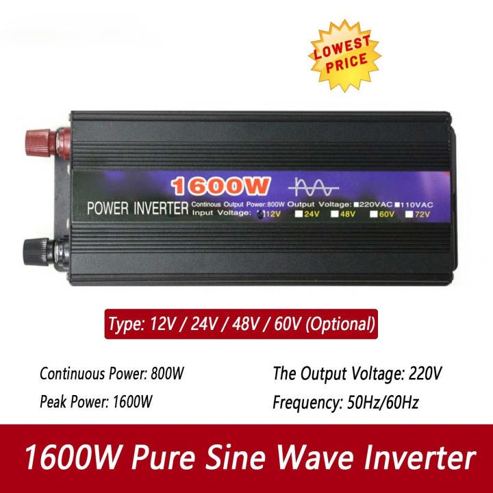 1600W Pure Sine Wave Intelligent String Inverter Power Inverter Car Inverter Black 12V To 220V / 24V To 220V / 48V To 220V / 60V To 220V - Battery 12v