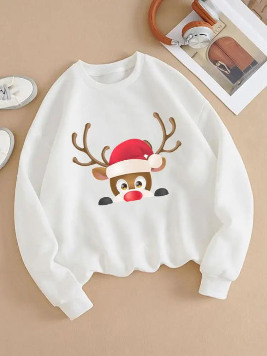 Holiday Deer Face Cartoon 90s Casual Print Female New Year Graphic Sweatshirts Fashion Women Clothing Christmas Pullovers