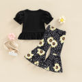 Kid Girl Outfit Set Letter Sunflower Printed Short Sleeve Ruffle Hem Tops Elastic Waist Flared Pants. 