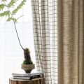 Linen Textured Blackout Curtains for Living Room, Modern Geometric Stripe Pattern Curtain, Flax Color, Light Reducing Drapes.