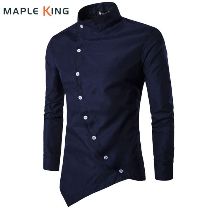 Mens Dress Shirts Vintage Clothes Personality Oblique Button Irregular Long Sleeve Business Shirt Male Casual Slim Blusas Tops