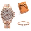 2023 Foreign Trade Hot Selling Women's Business Gold Diamond Big Rhinestone Luxury Atmosphere Watch + Bracelet Gift Box Set.