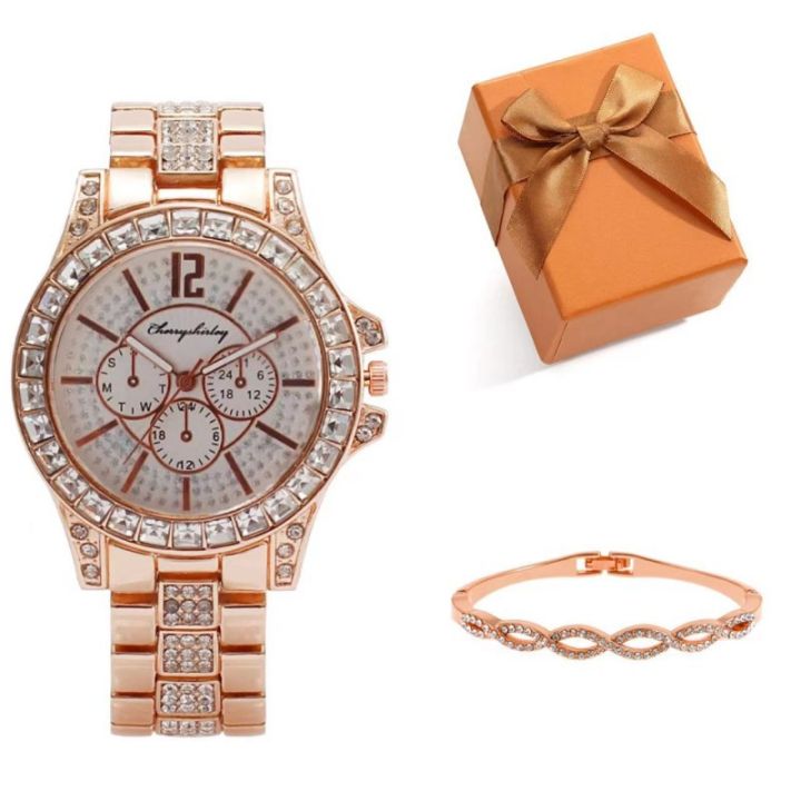 2023 Foreign Trade Hot Selling Women's Business Gold Diamond Big Rhinestone Luxury Atmosphere Watch + Bracelet Gift Box Set