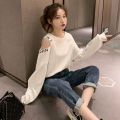 2022Spring and Autumn New Korean Style Loose off-Shoulder Letter Pullover Sweatshirt Women's Sneaky Design White Versatile Student Top.