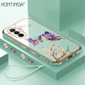 Hontinga for Huawei Nova Y70 / Nova Y70 Plus Back Cover With Lanyard Luxury 6D Plating Shiny Pretty butterfly Case Soft Silicone Square Mobile Cover.