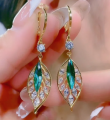 zircon green leaf earrings, women's light luxury, earrings. 