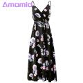 Amamia Party Dress Deep V Neck Floral Print Waist Tight Slit Hem Dress. 