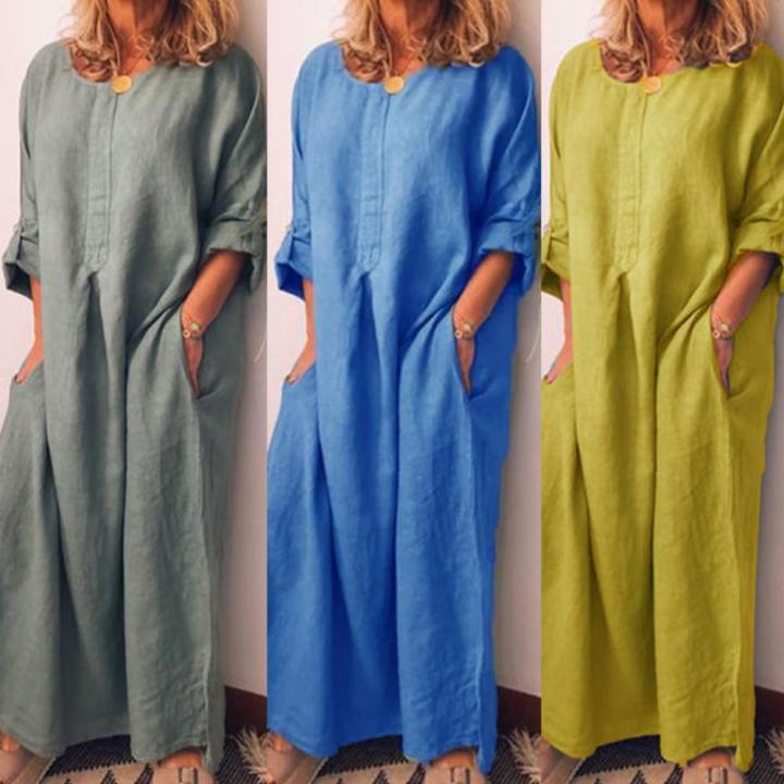 s!!! Casual Women Solid Color Oversize Maxi Cotton Linen Long Shirt Kaftan Dress House Foocus