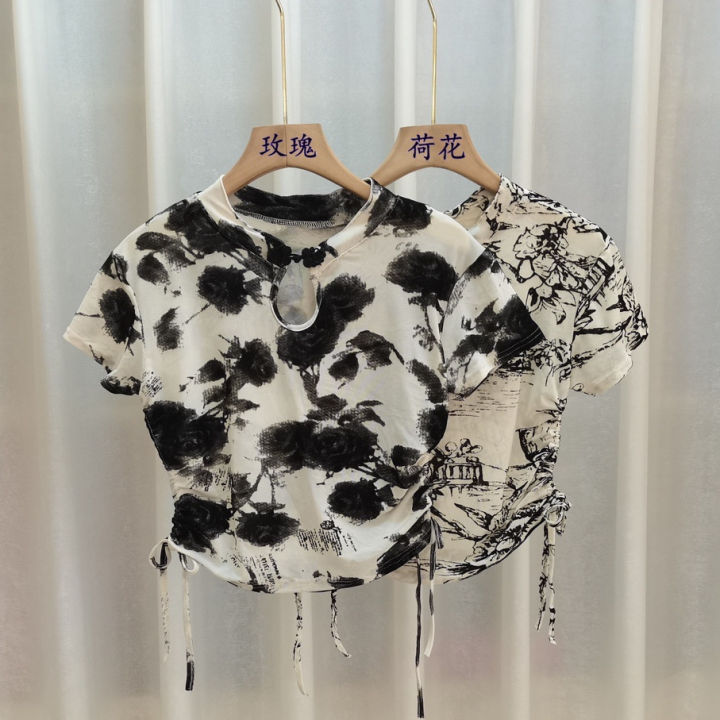 Chinese%20Style%20Buckle%20Shoulder%20Short%20Sleeve%20T%20T-shirt%20Women's%20Summer%20New%20Hot%20Girl%20Short%20Drawstring%20Lace%20Slimming%20Irregular%20Top%20-%20Image%206