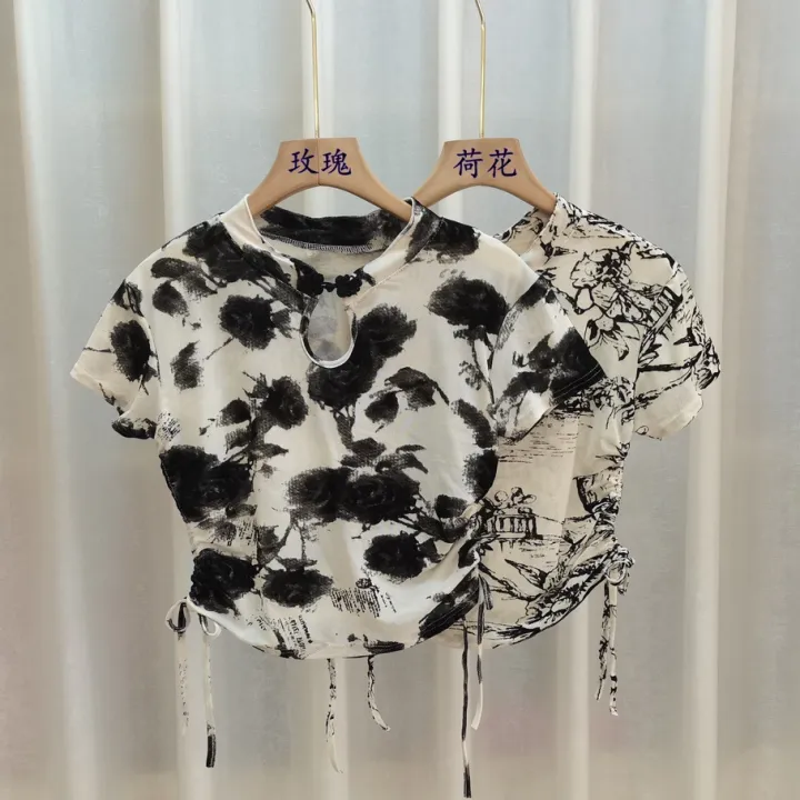 Chinese%20Style%20Buckle%20Shoulder%20Short%20Sleeve%20T%20T-shirt%20Women's%20Summer%20New%20Hot%20Girl%20Short%20Drawstring%20Lace%20Slimming%20Irregular%20Top%20-%20Image%206