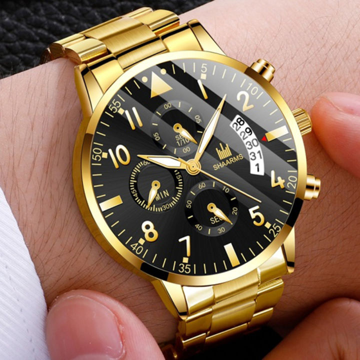 LO【Life waterproof】SHAARMS Fashion Man's Business Casual Watch Quartz Movement Steel Strap Simple Trendy Wristwatch with Calendar