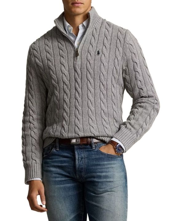Ralph Lauren Cable-Knit Cotton Quarter-Zip Sweater โ Grey