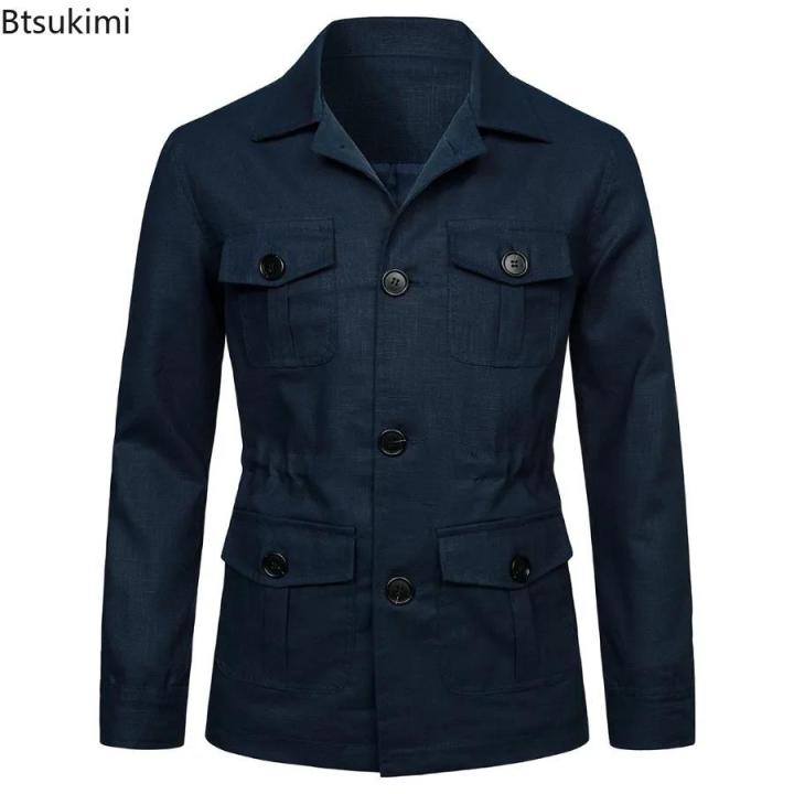 2024%20British%20Style%20Men's%20Linen%20Safari%20Jackets%20Fashion%20Vintage%20Multi%20Pockets%20Cargo%20Jacket%20Streetwear%20Gentry%20Casual%20Outerwear%20Male%20-%20Image%203