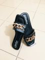 Girls Flat Casual Chain Design Slippers Sandals - Ladies Slim Shoes - Womens Fashionable Slips On- Chain Slipper. 